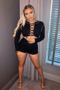 Rebellious Fashion Black Lace Up Cut Out Contrast Stitch Ribbed Playsuit - Drina
