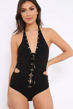 Rebellious Fashion Black Lace Up Front And Cut Out Side Bodysuit - Jaslin