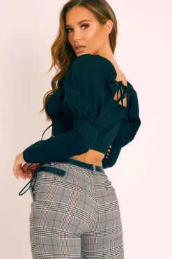 Rebellious Fashion Black Lace Up Front and Sleeves Milkmaid Crop Top - Zyria
