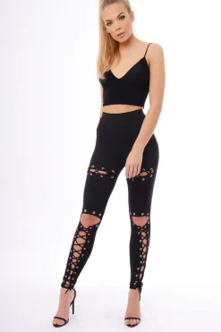Rebellious Fashion Black Lace Up Front Leggings - Hattie