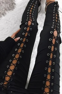 Rebellious Fashion Black Lace Up Front Leggings - Hazel