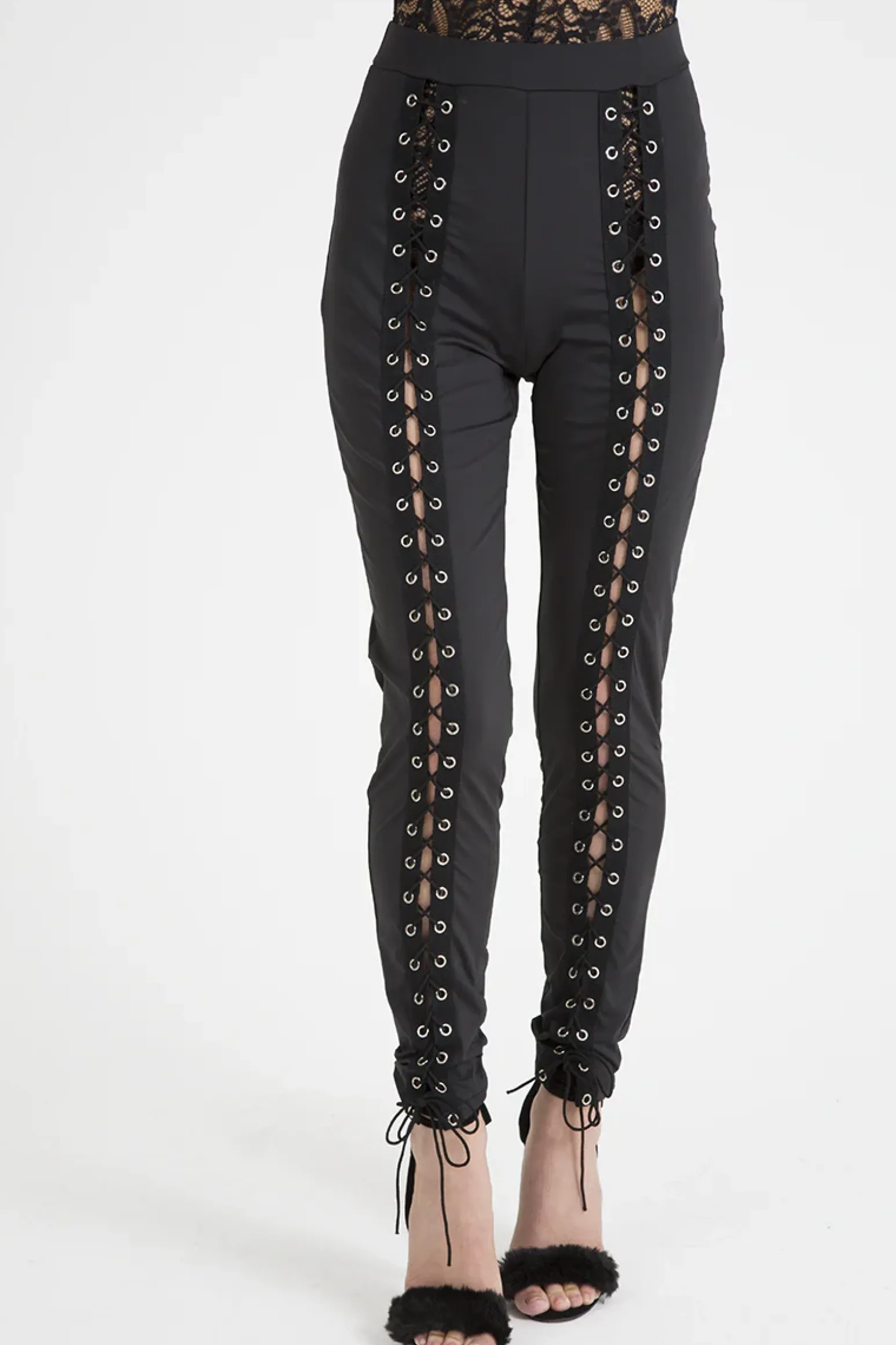 Rebellious Fashion Black Lace Up Front Leggings - Hazel