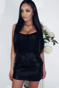 Rebellious Fashion Black Lace up Front PU Skirt - Ellyn