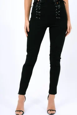 Rebellious Fashion Black Lace Up Front Trousers - Zia