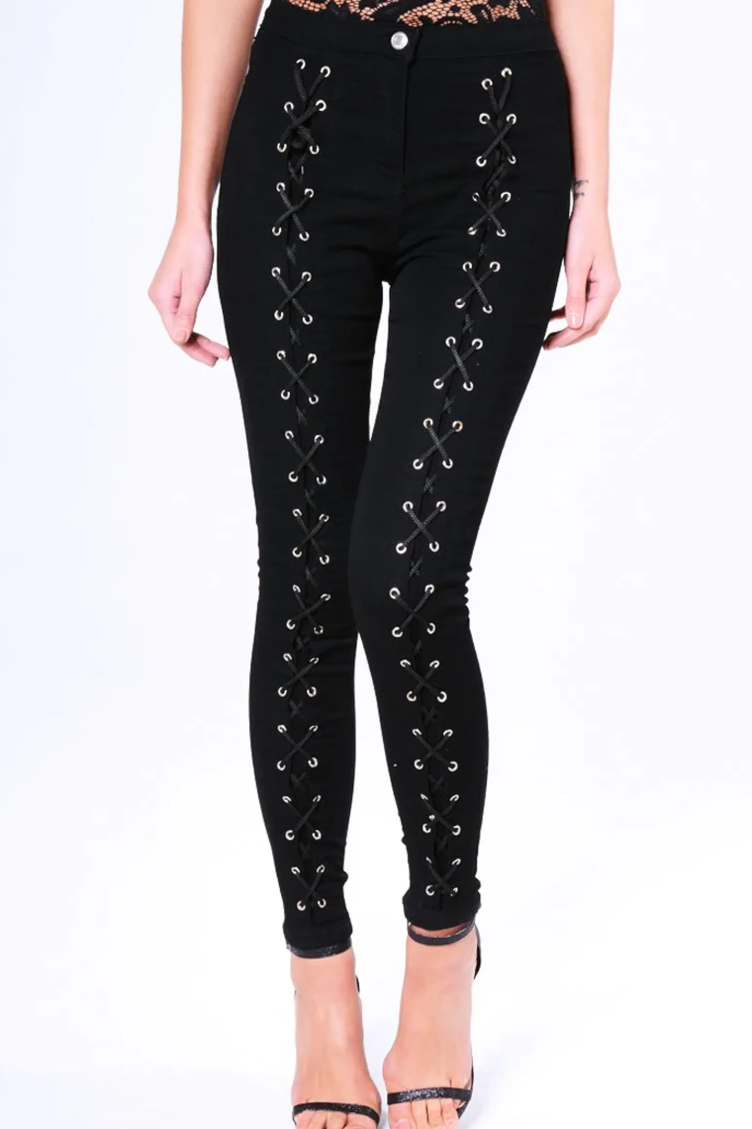 Rebellious Fashion Black Lace Up High Waisted Skinny Jeans - Aariya