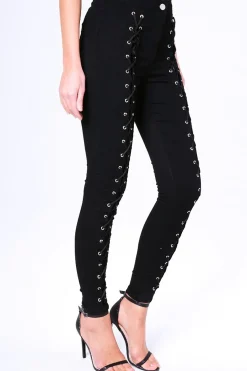 Rebellious Fashion Black Lace Up High Waisted Skinny Jeans - Aariya