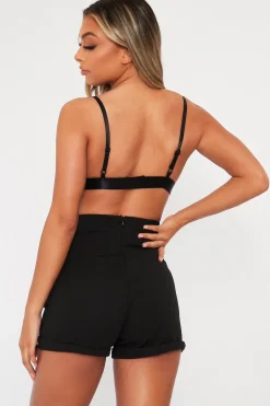 Rebellious Fashion Black Lace Up High Waisted Tailored Shorts - Darcia