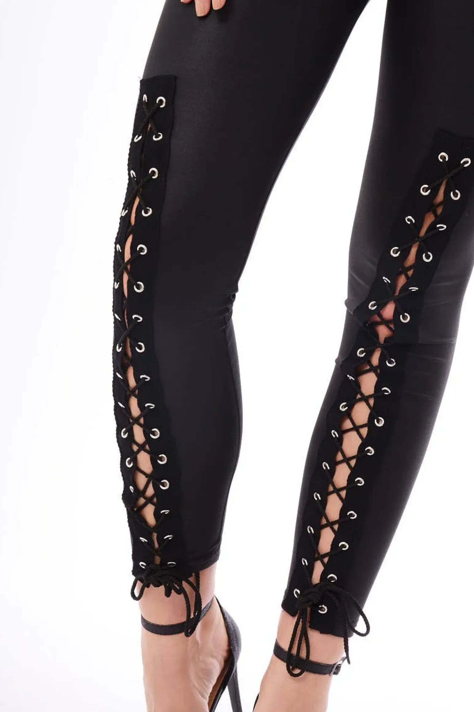 Rebellious Fashion Black Lace Up PU Leggings - Shania