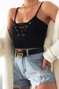 Rebellious Fashion Black Lace Up Ribbed Crop top - Prisha