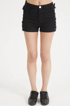 Rebellious Fashion Black Lace Up Sides Denim Shorts - Ria