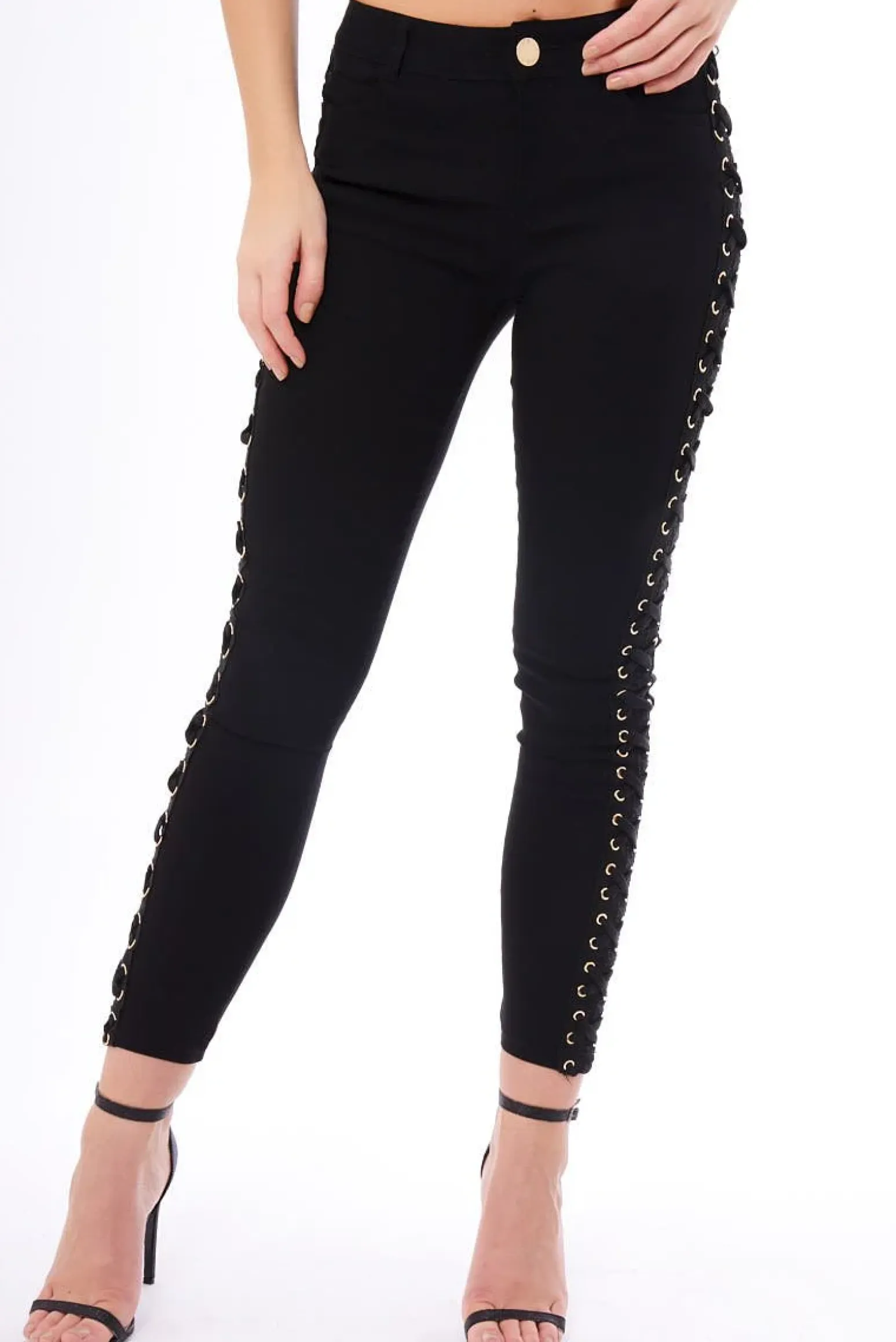 Rebellious Fashion Black Lace Up Sides Skinny Denim Jeans - Mallie