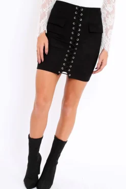 Rebellious Fashion Black Lace Up Suedette Mini Skirt - Lotty