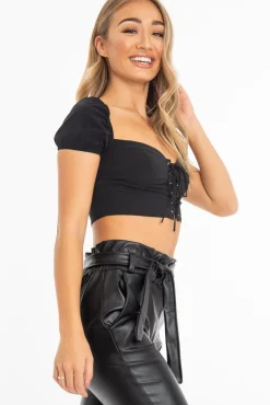 Rebellious Fashion Black Lace Up Sweetheart Puff Sleeve Crop Top - Kandis