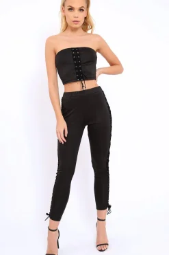 Rebellious Fashion Black Lace Up Trouser Crop Top Co-ord - Mel