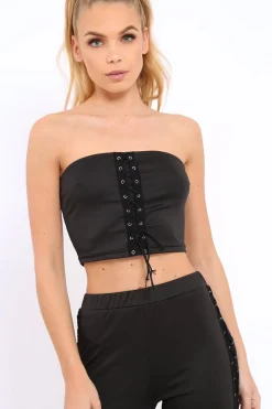 Rebellious Fashion Black Lace Up Trouser Crop Top Co-ord - Mel
