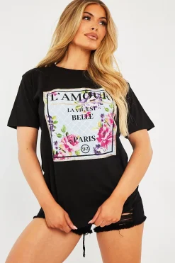 Rebellious Fashion Black L'amour Slogan Graphic T-shirt - Leighna