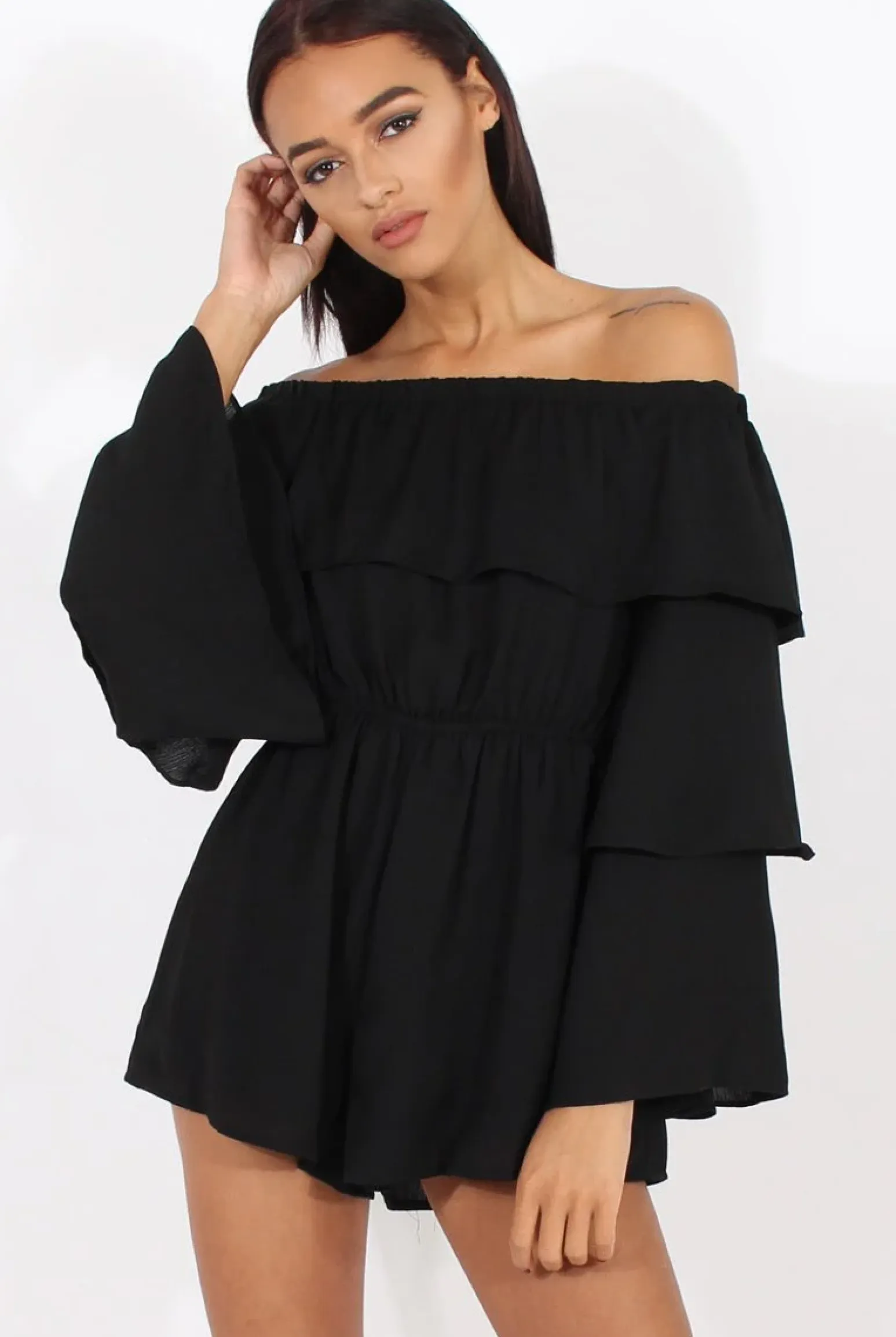 Rebellious Fashion Black Layered Bardot Playsuit - Barbara