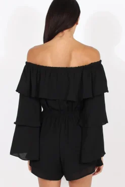 Rebellious Fashion Black Layered Bardot Playsuit - Barbara