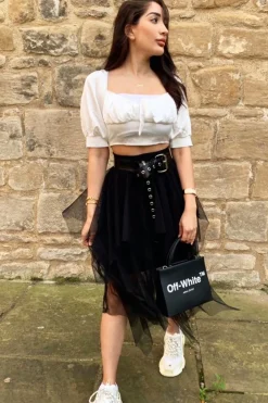 Rebellious Fashion Black Layered Tulle Midi Skirt - Laveta