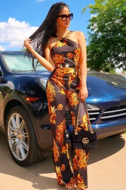 Rebellious Fashion Black Leaf Print Twist Front Belted Jumpsuit - Rainn