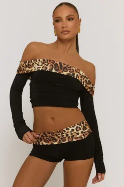 Rebellious Fashion Black Leopard Bardot Top and Micro Short Co-ord Set - Melinda