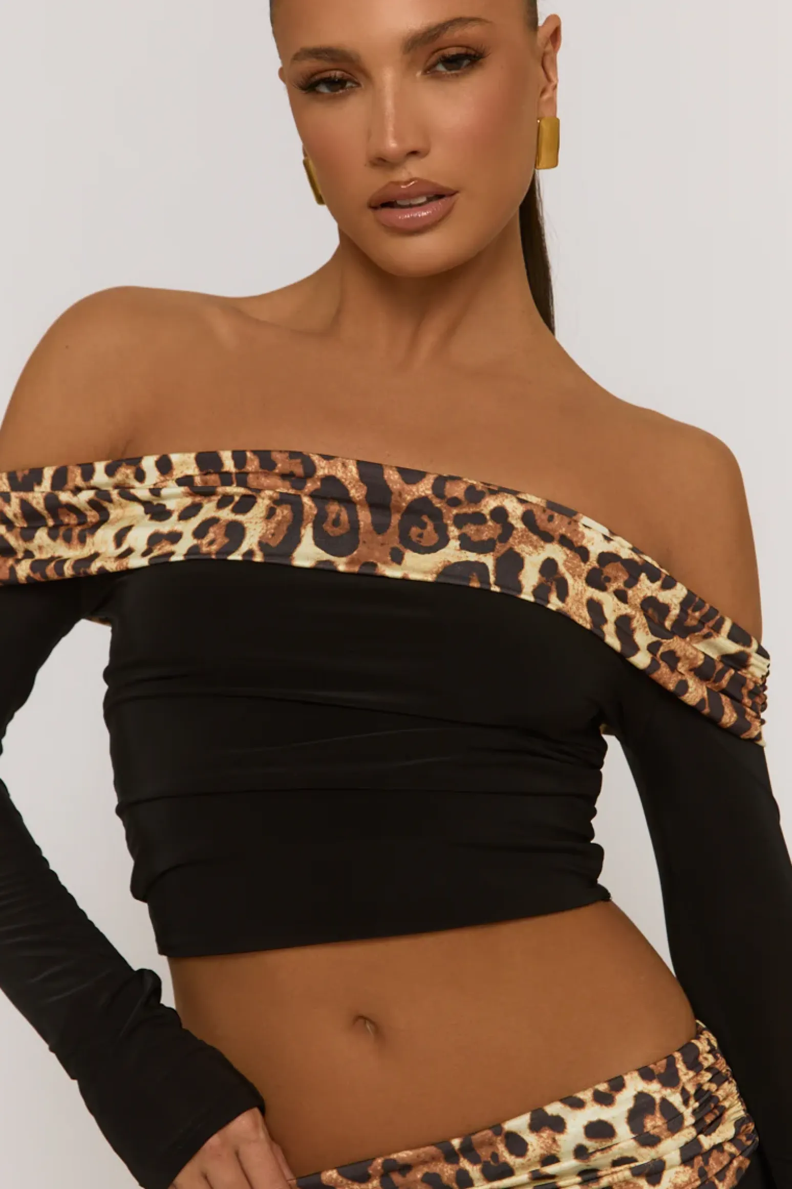 Rebellious Fashion Black Leopard Bardot Top and Micro Short Co-ord Set - Melinda