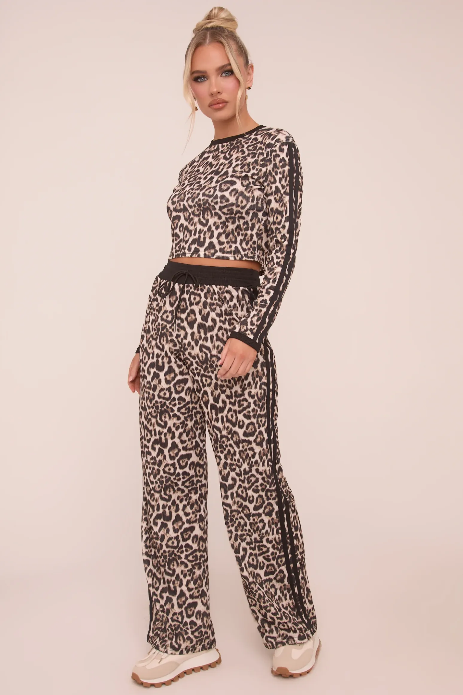 Rebellious Fashion Black Leopard Print Crop Top & Straight Leg Trousers Co-ord Set - Kurt
