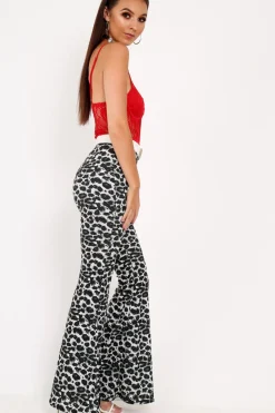 Rebellious Fashion Black Leopard Print Flare Trousers - Brena