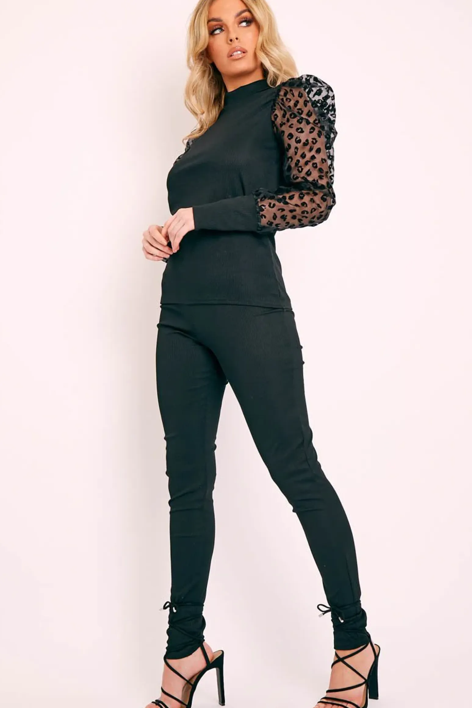 Rebellious Fashion Black Leopard Puff Sleeve Top and Leggings Co-ord - Ursula