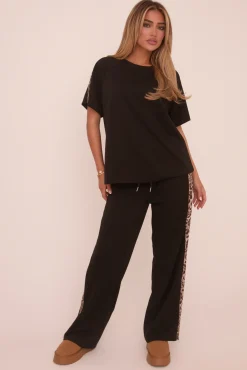 Rebellious Fashion Black Leopard Trim Oversized T-shirt & Straight Leg Joggers Loungewear Set - Elizabeth