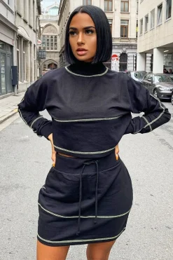 Rebellious Fashion Black Lime Contrast Stitch Crop Jumper Skirt Co-ord - Keva