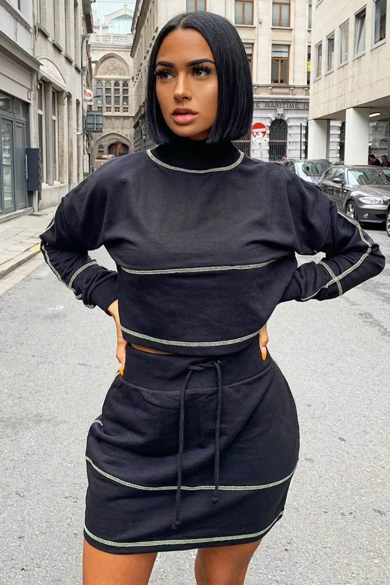 Rebellious Fashion Black Lime Contrast Stitch Crop Jumper Skirt Co-ord - Keva