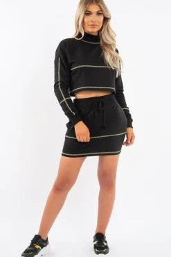 Rebellious Fashion Black Lime Contrast Stitch Crop Jumper Skirt Co-ord - Keva