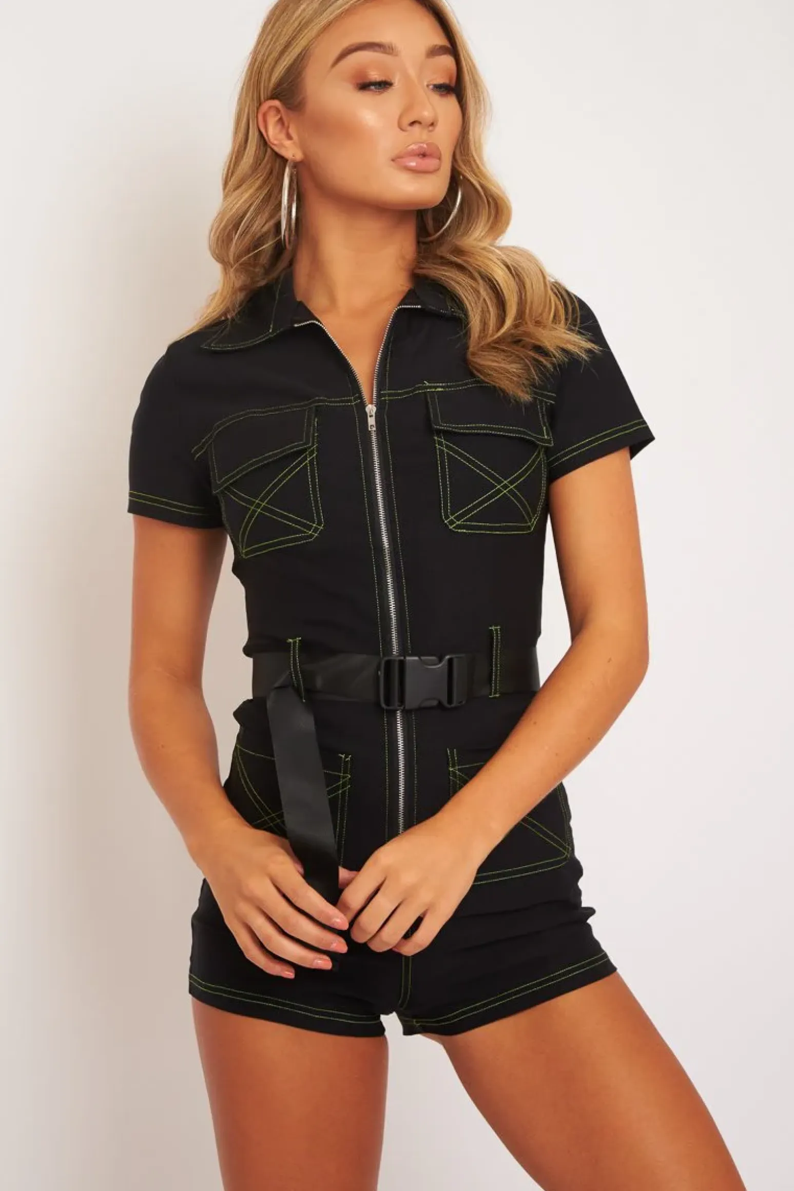 Rebellious Fashion Black Lime Contrast Stitch Utility Belted Playsuit - Mina