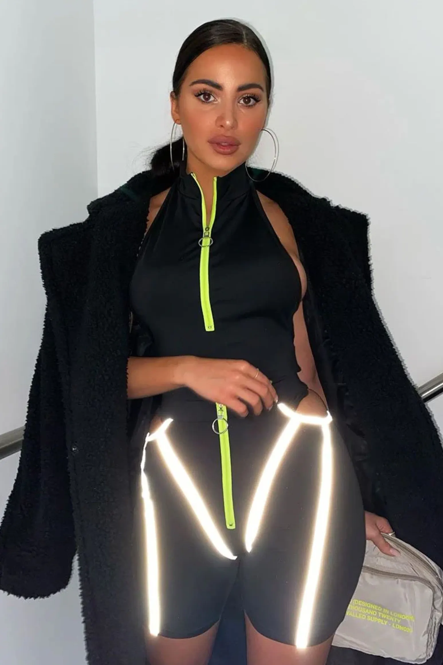 Rebellious Fashion Black Lime Ring Zip Cycling Short Bodysuit Co-ord - Issi