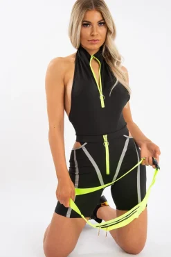 Rebellious Fashion Black Lime Ring Zip Cycling Short Bodysuit Co-ord - Issi
