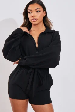 Rebellious Fashion Black Linen Look Shirt & Shorts Set - Aurelia