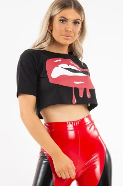 Rebellious Fashion Black Lips Print Crop T-Shirt - Diana