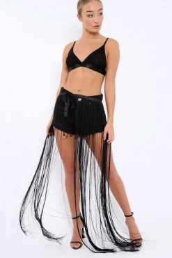 Rebellious Fashion Black Long Length Tassel Skirt - Delina