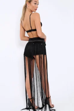 Rebellious Fashion Black Long Length Tassel Skirt - Delina