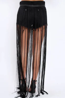 Rebellious Fashion Black Long Length Tassel Skirt - Delina