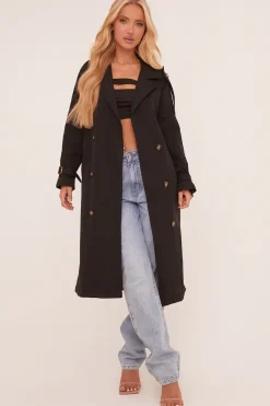 Rebellious Fashion Black Longline Belt Detail Button Front Trench Coat - Melony