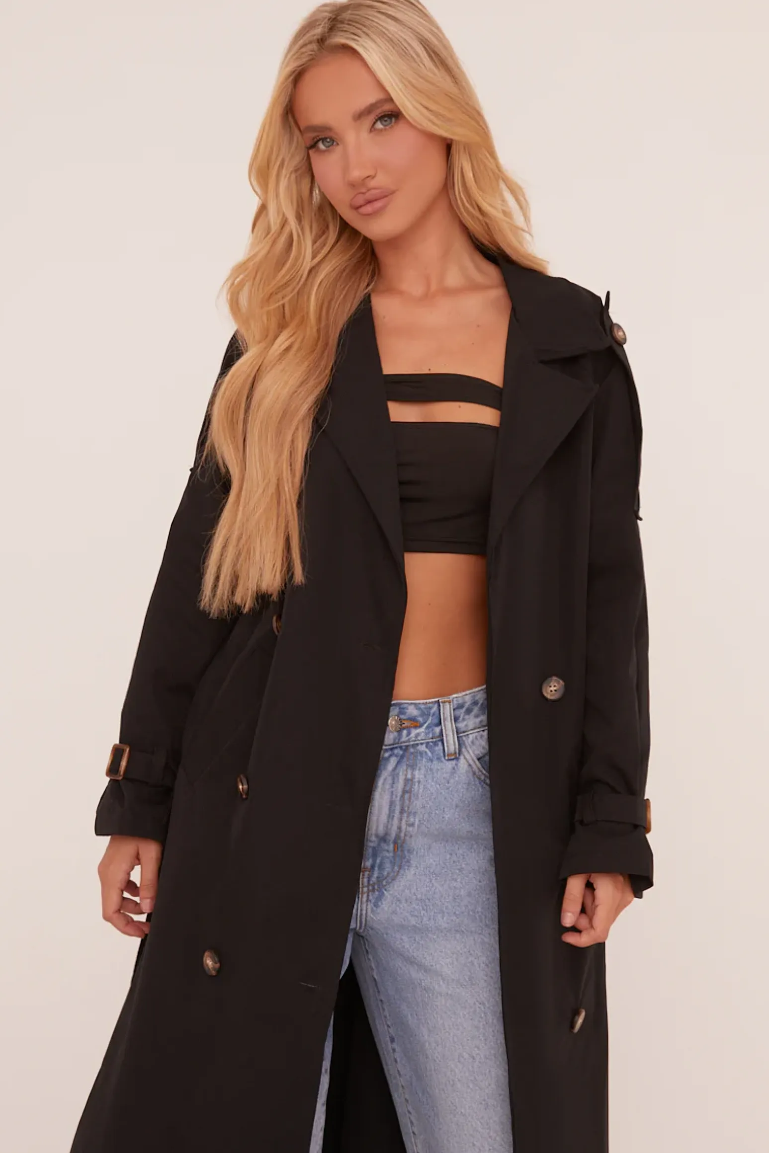 Rebellious Fashion Black Longline Belt Detail Button Front Trench Coat - Melony