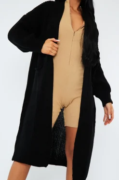 Rebellious Fashion Black Longline Relaxed Fit Front Pockets Cardigan - Leah