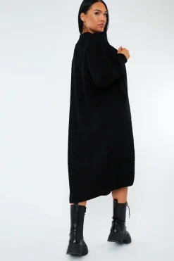 Rebellious Fashion Black Longline Relaxed Fit Front Pockets Cardigan - Leah