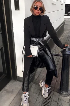 Rebellious Fashion Black Longline Tailored Belted Coat - Joelle
