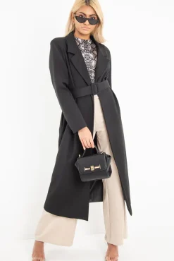 Rebellious Fashion Black Longline Tailored Belted Coat - Joelle