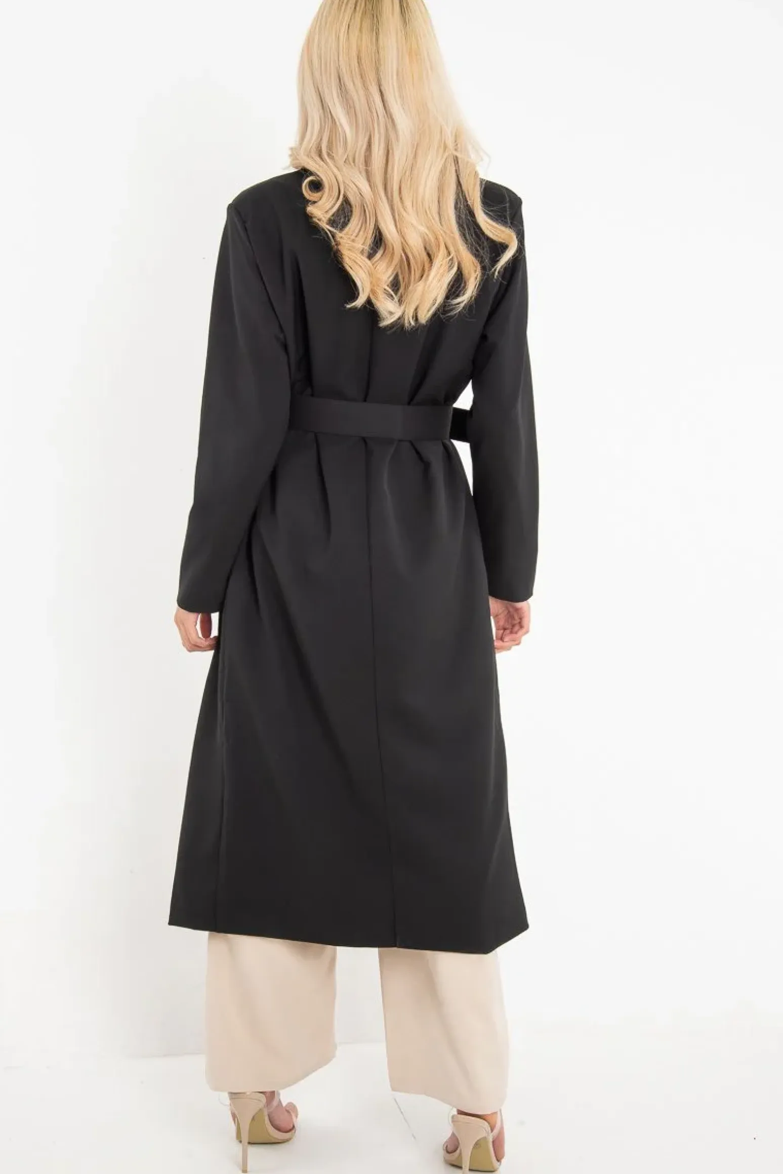 Rebellious Fashion Black Longline Tailored Belted Coat - Joelle