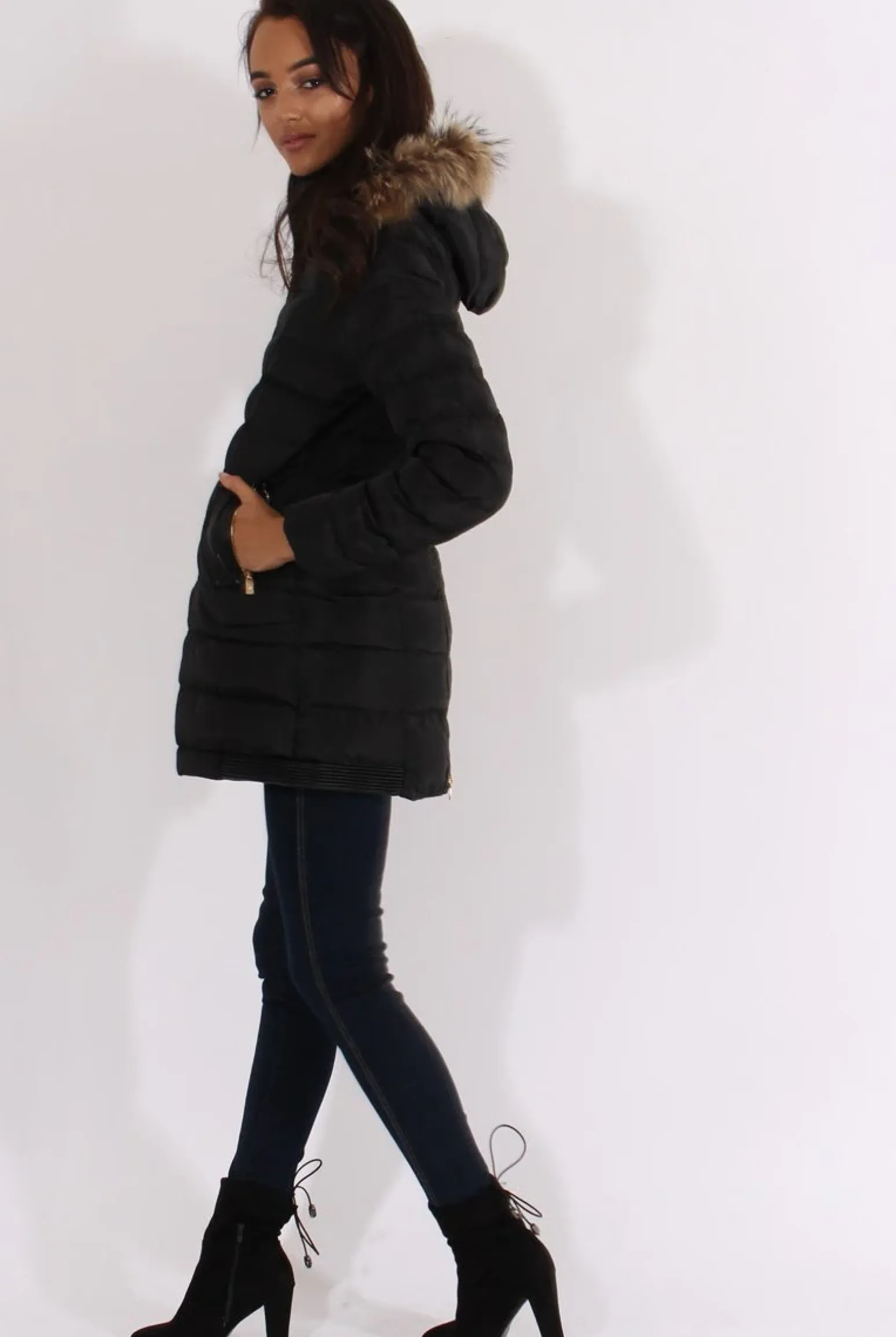 Rebellious Fashion Black Long Quilted Coat with Faux Fur Hood - Calypso