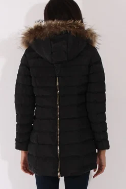 Rebellious Fashion Black Long Quilted Coat with Faux Fur Hood - Calypso